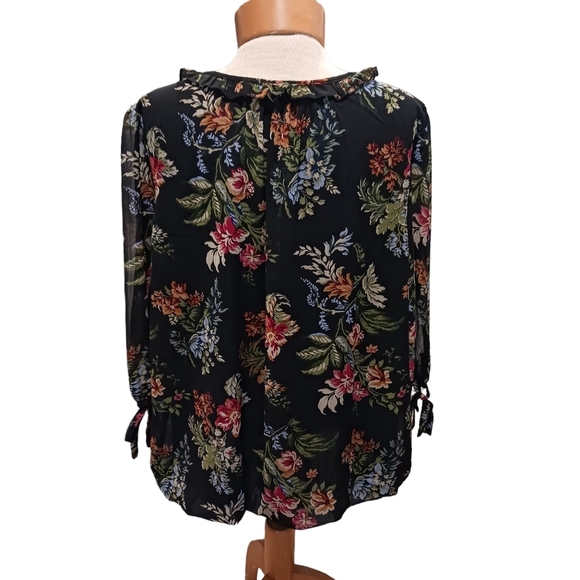 Tamara H Womens Blouse 2X Black Floral Ruffled Neckline Sheer 3/4 Sleeve Spring - Picture 2 of 7